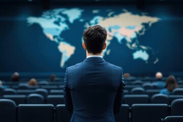 Aufkleber - Professional man in a suit studying a world map, indicating global business opportunities and international insights