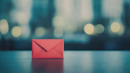 Poster - Bold red envelope resting on a wooden table surface with natural lighting highlighting its texture and color features