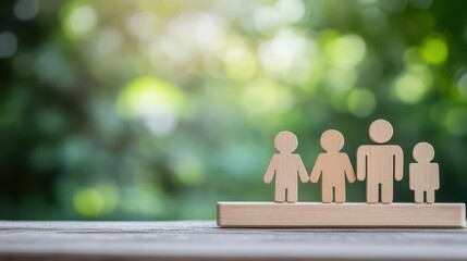 Fototapete - A charming wooden family figurine set displayed on a rustic table representing togetherness and natural craftsmanship