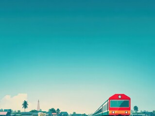 Poster - Classic train traveling along steel tracks through lush landscapes with blue skies and scenic views in the background