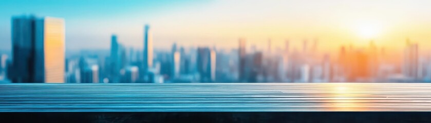 Poster - A stunning city skyline showcasing tall buildings against a beautiful sunset sky creating a majestic view