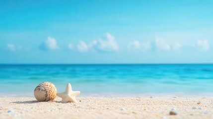 Poster - A beautiful seashell resting on the soft sandy beach surrounded by gentle ocean waves and bright sunshine