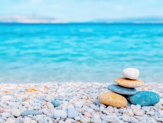Poster - Rugged rocks lining the beach with gentle ocean waves crash against them under a clear blue sky