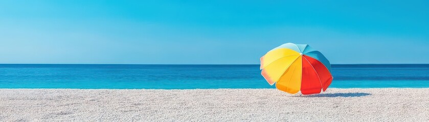 Poster - Colorful beach umbrella providing shade on a sandy shoreline with gentle waves lapping in the background