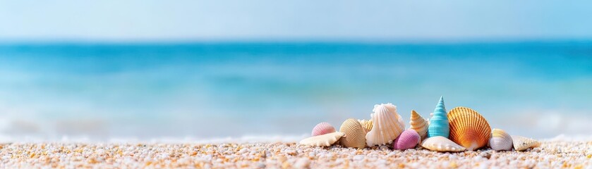 Poster - A collection of beautiful shells resting on the beach with soft sand and gentle ocean waves in the background