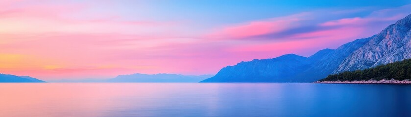Poster - Serene mountain lake surrounded by majestic peaks under a dramatic pink sky at dusk creating a peaceful scene