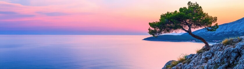 Aufkleber - Majestic tree standing tall on a cliff's edge with breathtaking views of the surrounding landscape below