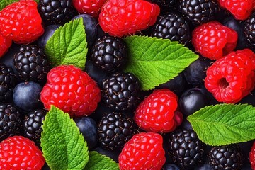 Poster - A close-up view of juicy fresh berries alongside vibrant green mint leaves on a light background for a refreshing look