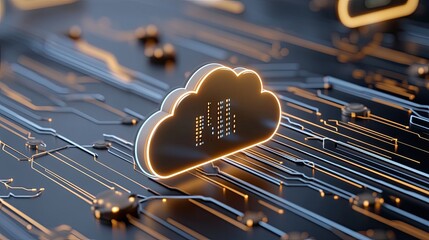 Fototapete - Digital illustration of cloud computing with glowing blue lights and a modern data center, symbolizing speed and connectivity