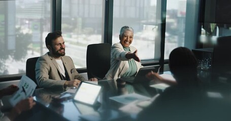 Poster - Meeting, handshake and business people in office, planning and feedback for stats. Group, partnership and employees with financial advice, shaking hands and laptop with negotiation and company merger