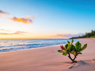 Aufkleber - Small green plant nestled on a sandy beach with gentle waves lapping in the background under a clear blue sky