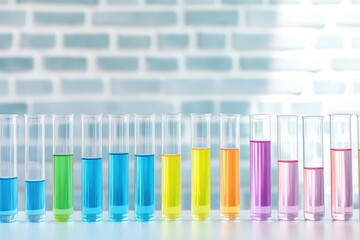 Poster - Colorful row of test tubes filled with vivid liquids showcasing the beauty of science and chemistry experiments