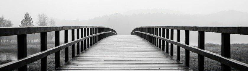 Fototapete - Iconic bridge shrouded in fog creating a mystical scene with urban landscape and soft light in the background
