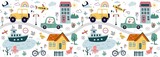 a modern seamless pattern,with hand drawn cars, signs, roads,  a tree. A cartoon element isolated on a white background. for print, children, paper, print. cu illustration in the style of trend art