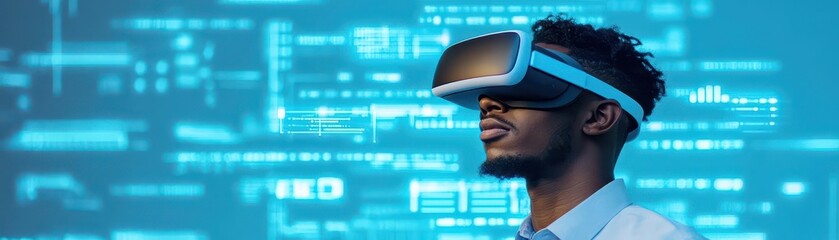 Aufkleber - Man immersed in a virtual reality experience wearing vr headset with immersive graphics displaying an alternate world