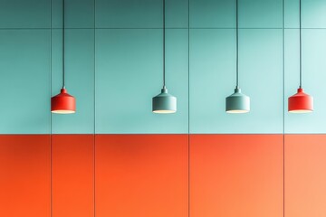 Fototapete - A vibrant colorful wall adorned with three stylish lamps casting warm light in an artistic space