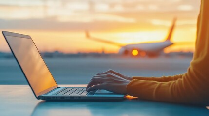Aufkleber - A focused woman working on her laptop while sitting at a cozy desk in a bright, modern workspace