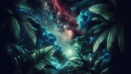 Wall Mural - Mystical combination of tropical greenery and an expansive outer space backdrop.
