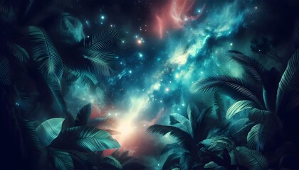 Wall Mural - Ethereal rainforest leaves blending into a galactic night sky with glowing nebulae.