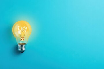 Poster - A bright light bulb on a blue background representing ideas, innovation, and creativity in a modern visual context
