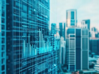 Poster - A cityscape featuring a blueprinted image overlaying the modern urban landscape highlighting architectural elements
