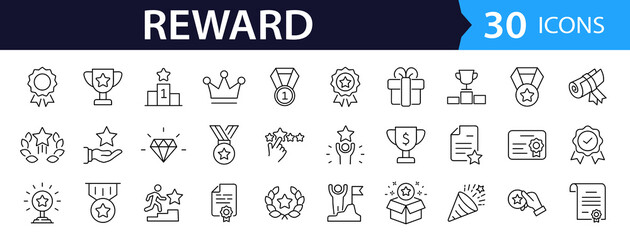 Reward set of web icons in line style. A collection of linear icons representing various reward concepts, including gift, trophy, recognition, reward program, medal, bonus, and more. Editable stroke.