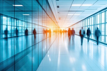 Leinwandbilder - People walking in a busy hallway signifying movement and interaction in an active workplace or public space