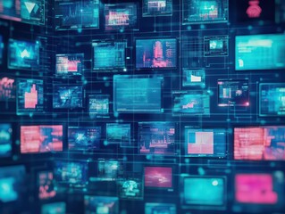 Poster - A wall of television screens displaying various content in a modern setting with colorful visuals and technology
