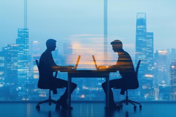 Poster - Two people sitting at a table with a stunning cityscape view in the background during a bright daytime