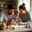 © Yuliia - A happy family with a child is sitting at a table and painting Easter eggs together against the backdrop of a cozy room. The child is enthusiastically painting on the eggs, and his parents are helping