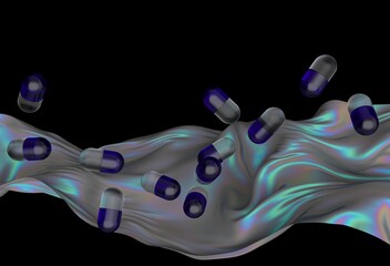 Poster - Floating blue capsules hover over a wavy, iridescent surface with a dark background, creating a surreal and futuristic digital artwork.