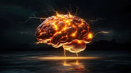 Poster - Digital rendering of brain with electric activity and lightning on plain background