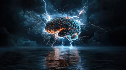 Poster - Digital rendering of brain with electric activity and lightning on plain background
