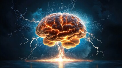 Poster - Electric brain activity with lightning flashes and sparks on vibrant blue background