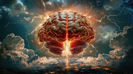 Poster - Electric storm inside brain illustration with lightning flashes on colored background
