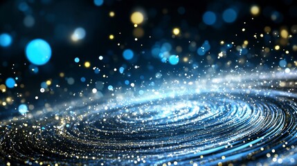 Poster - abstract swirling galaxy of blue and gold glitter particles on a dark background. the central spiral