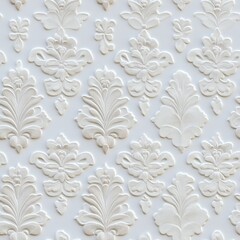 Poster - Intricate white damask design adorns a wall, showcasing embossed details in exceptional clarity and realism, highlighting craftsmanship SEAMLESS PATTERN