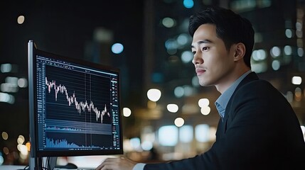 Poster - A young Asian man reviews financial charts and trading volume data on his computer in dark business attire during late night hours