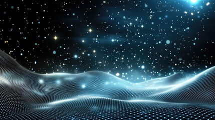 Fototapete - Abstract representation of a futuristic network with glowing lines and a shiny silver mesh surface in a dark digital expanse
