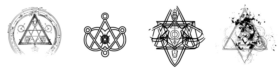 Poster - Intricate designs of mystical symbols representing alchemy and spirituality in black and white illustrations