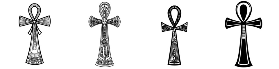 Poster - Ancient symbols celebrating life, inkwell artwork showcasing various ankh designs against a plain backdrop