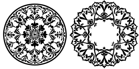 Poster - Intricate black and white floral patterns showcasing artistic symmetry and design elements for decorative purposes