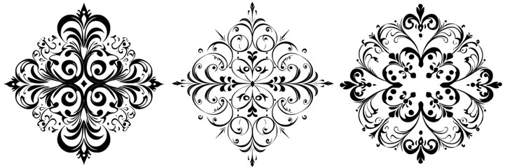 Poster - Elegant black and white ornamental designs showcasing intricate patterns and floral motifs in a symmetrical arrangement