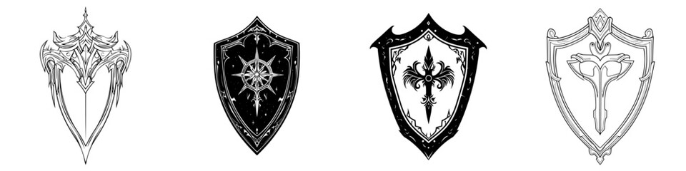 Poster - Detailed illustrations of ornate shields representing different symbols and designs crafted with precision and creativity