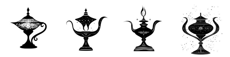 Poster - Ornate genie lamps displayed in a row, showcasing intricate designs and magical elements at an exhibition