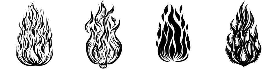 Poster - Stylized black flames showcasing unique designs and shapes in a seamless layout for graphic and artistic use