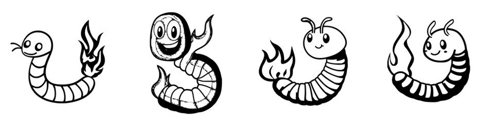 Poster - Illustrations of playful cartoon worms with flames representing different emotions and activities in a playful style