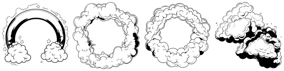Poster - Colorful cartoon clouds and rainbow designs in a whimsical style on a white background