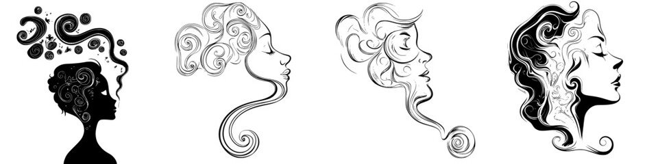 Poster - Stylized illustrations of women with flowing hair and swirling designs expressing creativity and emotion