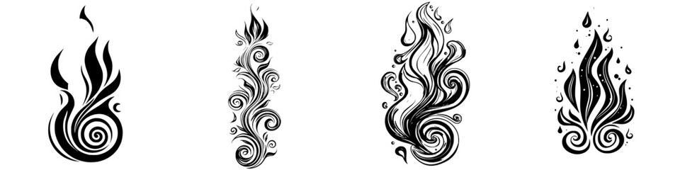 Poster - Decorative black and white flame designs with swirling patterns suitable for various art and design projects